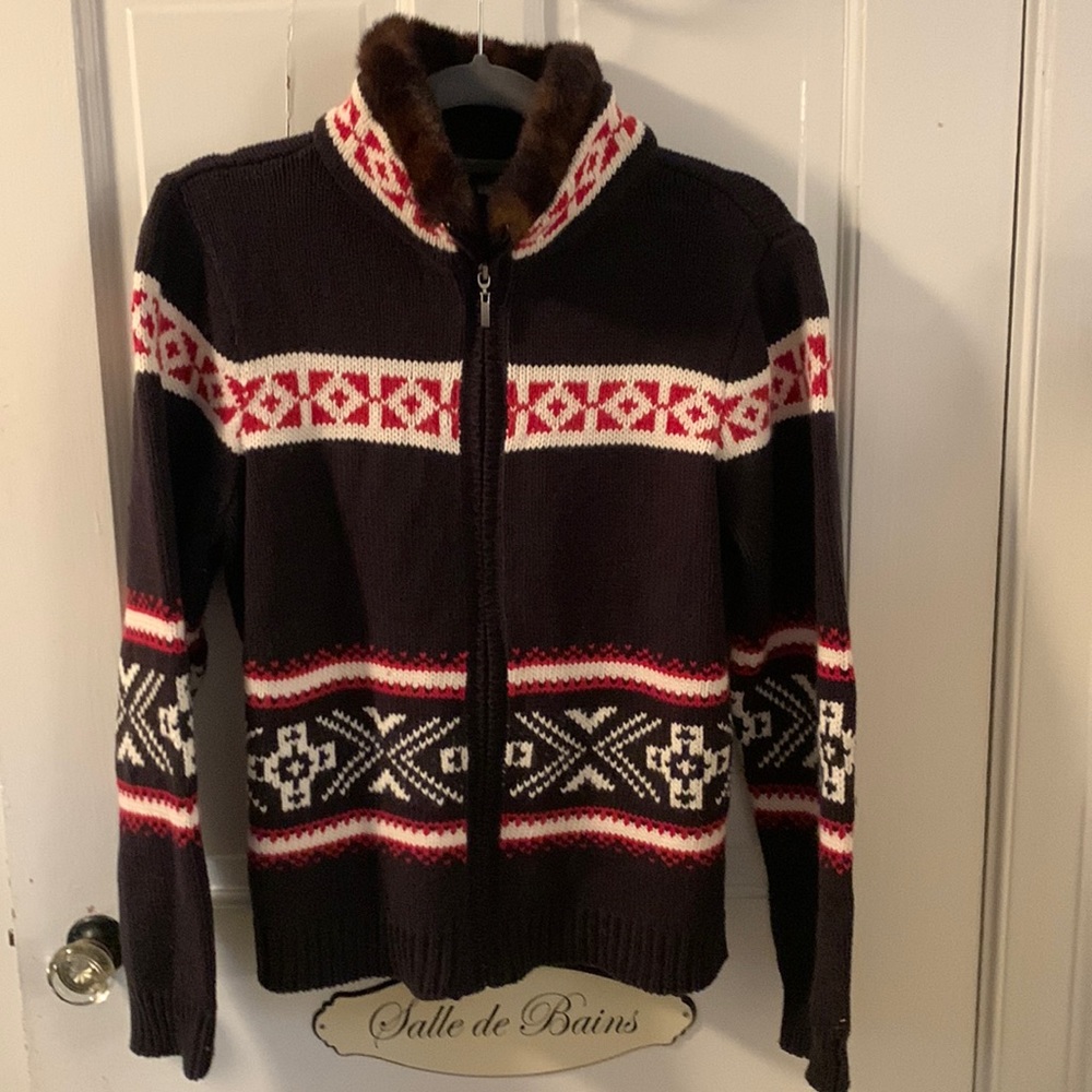charter Club Aztec full zip sweater with faux mink collar